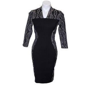 French Connection Black Snake Skin Print Sheath Dress, 3/4-Sleeve Women's Size 6